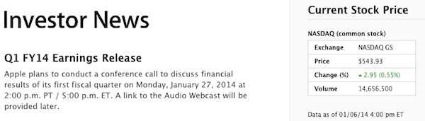 Apple anunciará el ejercicio Q1 2014 el 27 de Enero