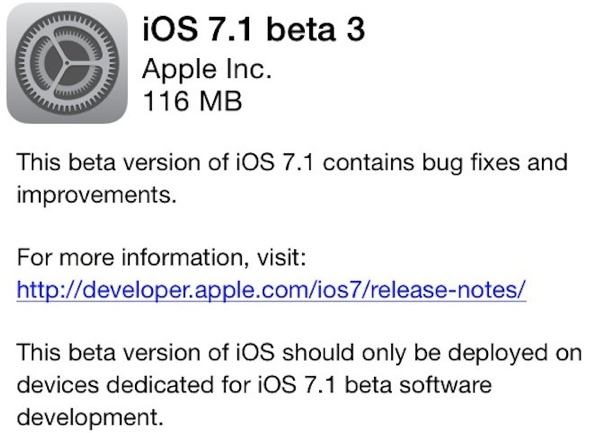 Apple tiene iOS 7.1 Beta 3 build 11d5127c en su sitio para desarrolladores