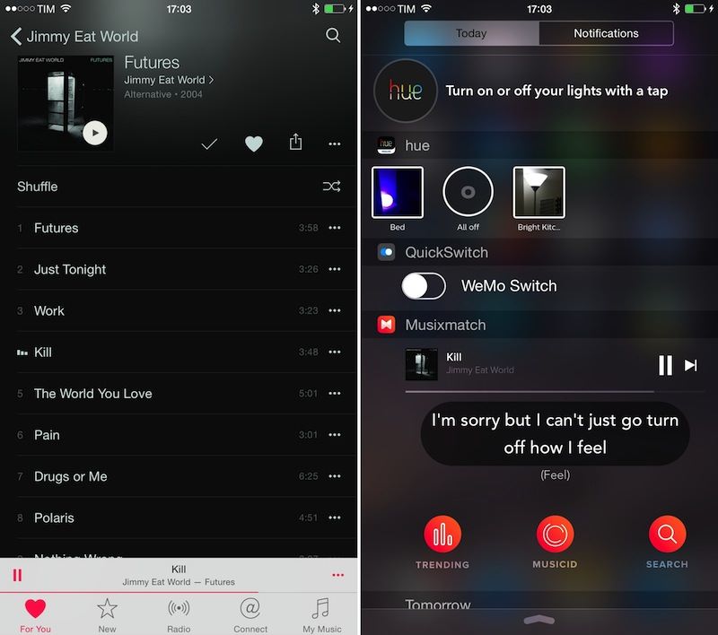 Ver letras de canciones de Apple Music con el Widget Musixmatch en iOS 8.4