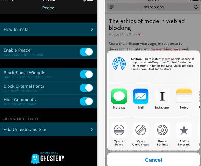 Peace app, la mejor aplicación para bloquear publicidad y rastreadores en iOS 9